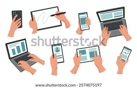 Phone in hand. Man holding digital tablet. Laptop keyboard. Mockup of smartphone. Computer screen. Smart mobile technology. Electronic cellphone. Gadget in arm palm. Vector tidy cartoon devices set
