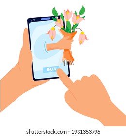 El teléfono en la mano de un hombre hace una compra en la tienda online de diseño plano sobre fondo blanco aislado. La mano de sketch vectorial mantiene la compra de teléfono en línea.