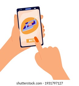 Phone in the hand of a man makes a purchase in the online store flat design on white isolated background. Vector sketch hand holds phone buying online.
