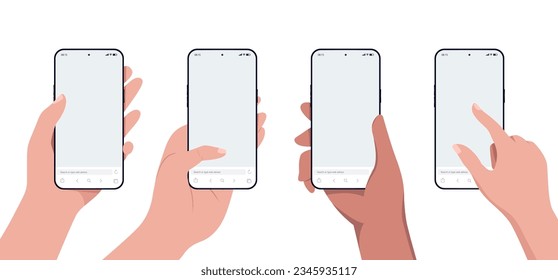 Phone in hand mockup collection - Vector template with hands holding smartphones and using touchscreen. Flat design on white background