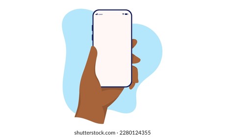 Phone in hand mockup - Left hand with dark skin holding smartphone with empty white screen. Flat design vector illustration with white background