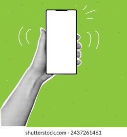 Phone in hand, mockup in trendy halftone style. Hand holding a phone. Vector graphics.