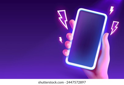 Phone in hand, neon light, promotional offer in smartphone. Vector illustration 