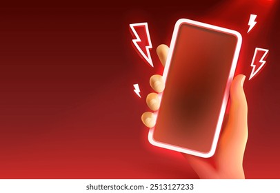 Phone in hand, neon light, promotional offer in smartphone. Vector illustration 