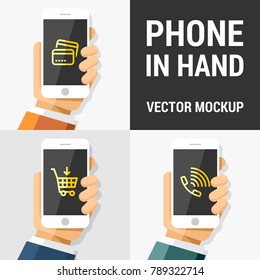 Phone in hand on isolated background vector modern mockup