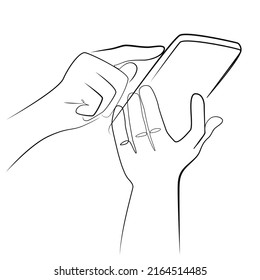 Teléfono en mano un dibujo de línea sobre fondo aislado blanco