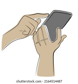 Teléfono en mano un dibujo de línea sobre fondo aislado blanco