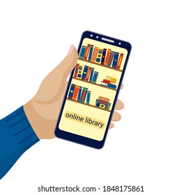 Phone in hand with online electronic library. Bookshelves with books on smartphone. Education concept. Vector flat illustration.