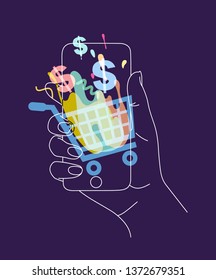 Phone in hand with online shopping symbols drawing thin lines on blue background