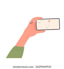 Phone in hand with open gps map. Find location on smartphone app cartoon vector illustration