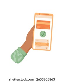 Phone in hand for payment. Mobile device held by a user to complete a transaction. Touchscreen app for card payment, digital technology sharing in business context.
