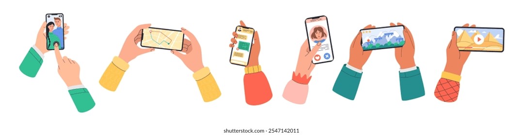 Telefone em mãos. As pessoas seguram smartphones. Jogue videogames, assista mapas, tire fotos, selfies, pesquise na Internet, use aplicativos de mídia, tela do dispositivo. Ilustração isolada em estilo de desenho animado. Conjunto de jardinagem vetorial