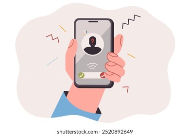 Phone in hand person receiving anonymous call with unsolicited advertisement or scam offer. Incognito interlocutor harasses you with phone call, wanting to steal personal data or sell unnecessary item