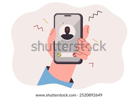 Phone in hand person receiving anonymous call with unsolicited advertisement or scam offer. Incognito interlocutor harasses you with phone call, wanting to steal personal data or sell unnecessary item