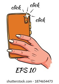 Phone in hand. The photo. Click. Vector illustration. Isolated on white background.