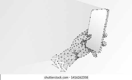 Teléfono en una mano. Concepto de tecnología polígonal de dispositivo, gadget, mecanografía, uso de smartphone. Gráfica abstracta, digital, con estructura alambrada de baja malla vectorial origami blanco 3d ilustración. Punto de línea triangular