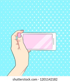 Phone in hand. Pop art style.