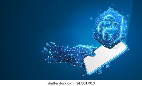 Phone in a hand with Python language symbol on white mobile screen. coding software concept. Abstract, digital, wireframe, low poly mesh, polygonal Vector blue neon 3d illustration. Triangle, line dot