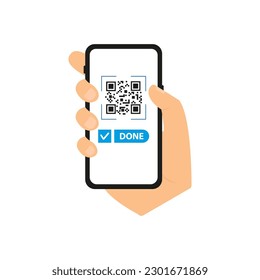 Phone in hand with QR code. Vector graphics
