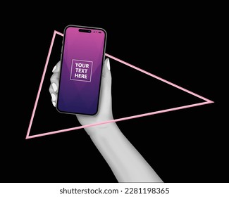 Phone in hand. Realistic smartphone mockup. Hand holding modern smartphone with a blank screen and pink light glow. Vector.