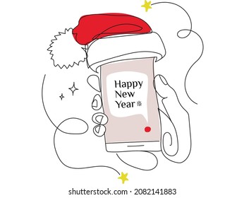 
Phone in hand in a santa claus hat, festive mood iin line art style