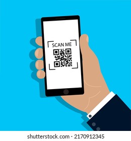 Escáner de teléfono en mano. Icono de exploración de código Qr. Ilustración vectorial. Imagen de archivo.