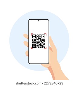 The phone in hand scans the qr code. Qr code scanning. The concept of online payment, identification.	
