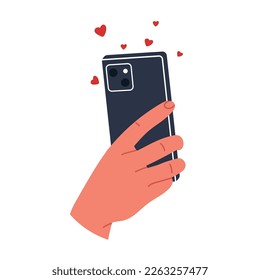 Phone in hand. Scrolling, information search, social networks. Flat vector illustration