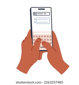 Phone in hand. Scrolling, information search, social networks. Flat vector illustration