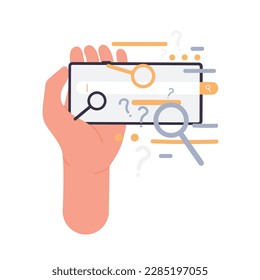 Phone in hand with search engine. Mobile searching information browser vector illustration