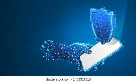 Handy in der Hand, Sicherheitsschild auf weißem Bildschirm. Gadget-Schutzkonzept. Abstrakte, digitale, Wireframe, Low-Poly-Masche, polygonal Vektor-blaue Neon 3d-Illustration. Dreieck, Linie, Punkt