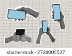 Phone in hand set cut out halftone collage elements. Pop art retro phone with empty screen sticker. Social media poster. App cover mockup. Smartphone blank display.