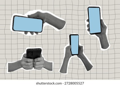 Phone in hand set cut out halftone collage elements. Pop art retro phone with empty screen sticker. Social media poster. App cover mockup. Smartphone blank display.