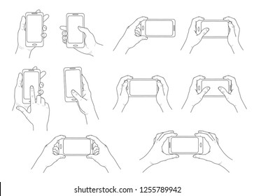 Phone in hand. Set of different gestures. Hands holding phone, tablet, smartphone.  Isolated  contour. Vector