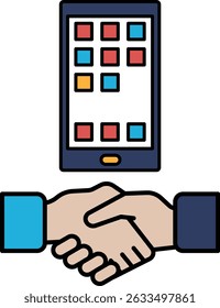Un teléfono y una mano dándose la mano. El teléfono es un teléfono celular y la mano es una persona. Concepto de un acuerdo de negocios o un Acuerdo profesional que se está cometiendo