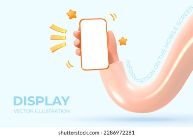 Phone in hand, showing screen or mobile display. 3d style. An isolated hand is holding a phone. Show. Vector illustration