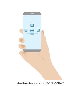 Phone in hand, sign data transfer. Smartphone in hand. Illustration