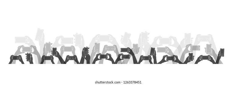 Phone In Hand Silhouettes, Horizontal Border. Hands Holding Phone, Tablet, Smartphone.  Element Of Decor Of The Raised Hands.  Concept  Communication, Interviews, Self, Photo, Video.   Vector
