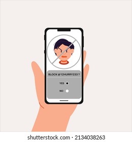 Phone in hand, social network app on the screen. Block user. Aggressive man