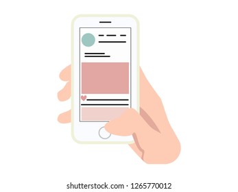 Phone in hand. Social network. Work in social networks. Flat vector illustration on white background