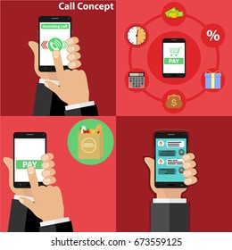 Phone in hand, take incoming call, order products via phone. Flat design, vector illustration, vector.