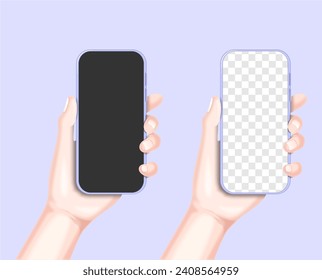 Phone in hand. Template, hand holding smartphone Isolated 3d object with transparent background.