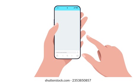 Phone in hand template - Vector illustration of smartphone screen with empty browser and finger touching touchscreen. Flat design front view with white background