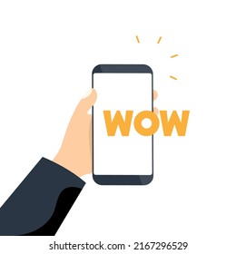 Teléfono en mano con texto WOW ilustración simple