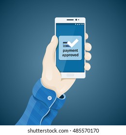 Phone in hand vector illustration in flat style. Online commerce. Proof of purchase. Electronic payment. 
