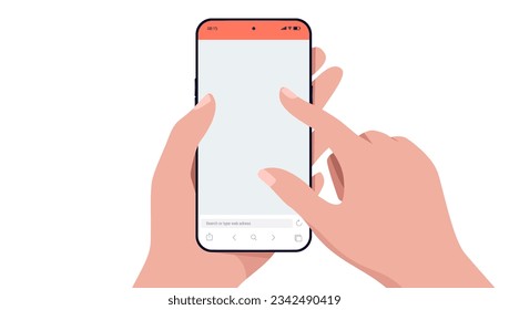 Phone in hand - Vector illustration of hands using mobile smartphone with blank web browser with search field in bottom. Flat design mockup template on white background