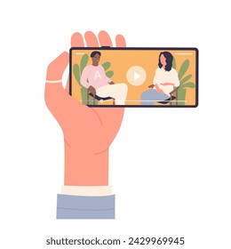 Phone in hand watching video. Watching interview on smartphone cartoon vector illustration