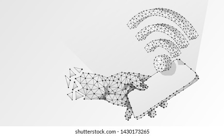 Phone in a hand with Wi-Fi symbol on mobile screen. Internet connection concept. Abstract, digital, wireframe, low poly mesh, polygonal vector white origami 3d illustration. Triangle, line, dot