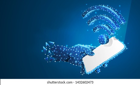 Phone in a hand with Wi-Fi symbol on white mobile screen. Internet connection concept. Abstract, digital, wireframe, low poly mesh, polygonal vector blue neon 3d illustration. Triangle, line, dot