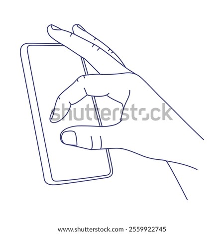 Phone in hand. Zoom in or out with your fingers. Gesture contour vector illustration